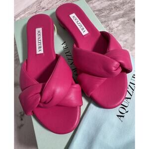 New Aquazzura Olie Pink Soft Leather Raffia Flat Slide on Sandals Size 35